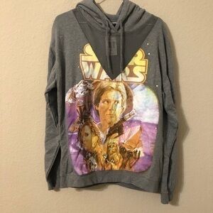 Star Wars Hoodie Sweatshirt Grey Han Solo Leia Chewy Graphic Mesh Neckline NWT